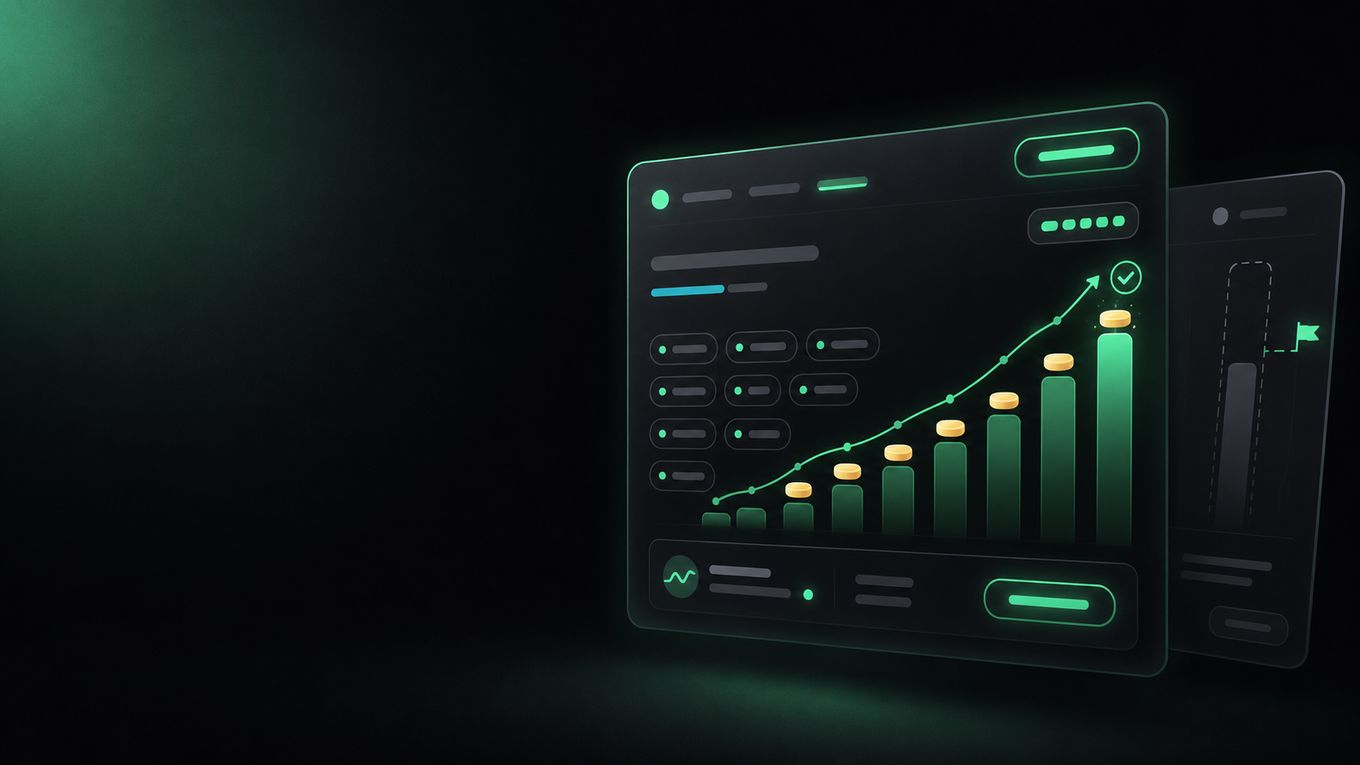 Abstract dark dashboard illustration of a rising green earnings chart with gold coin markers climbing toward a checkmark, next to a faded ghosted bar representing an unverified claim