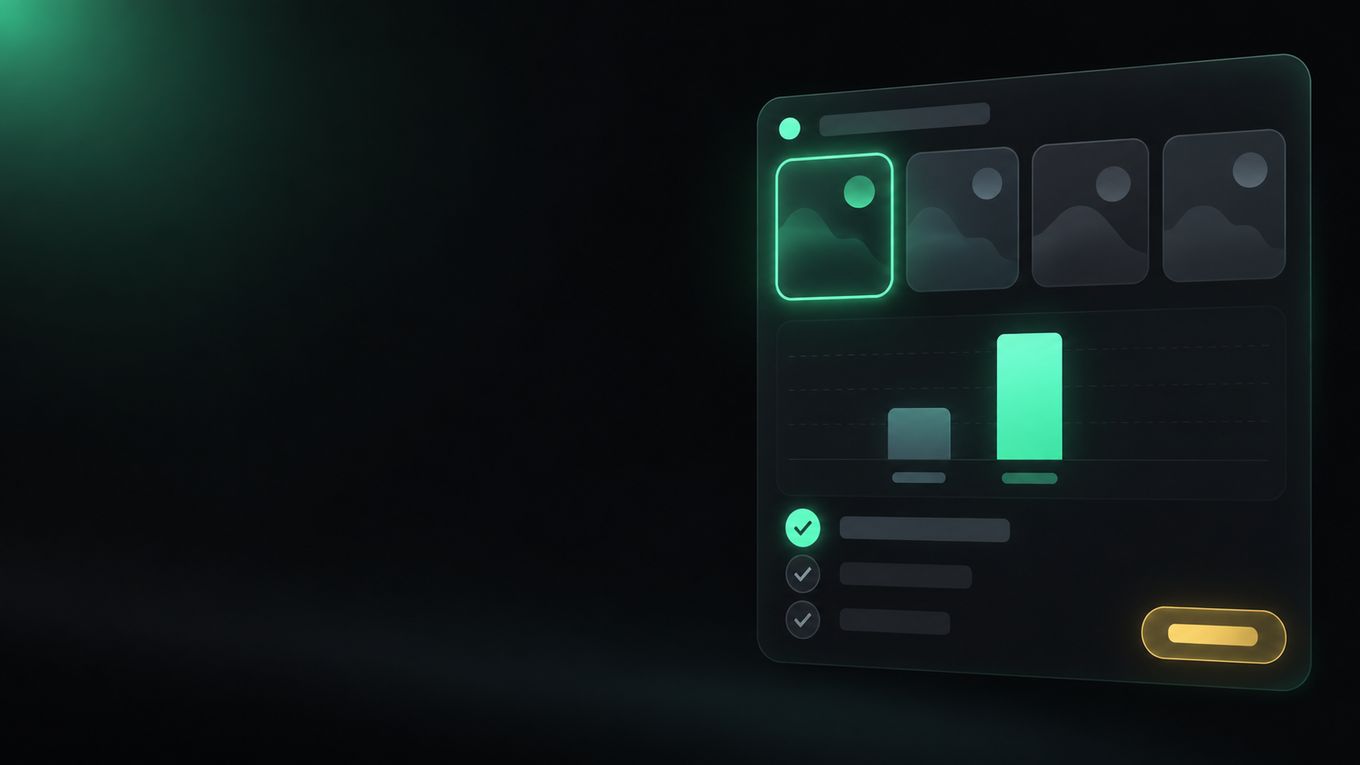 A dark card with a row of listing thumbnails and a mint conversion bar chart, next to a small checklist of lit check circles and a gold price pill