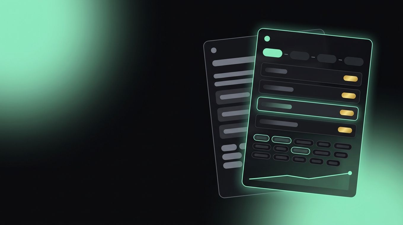 Stylised dark panels with placeholder bars and chips, an illustration and not a screenshot of any real interface