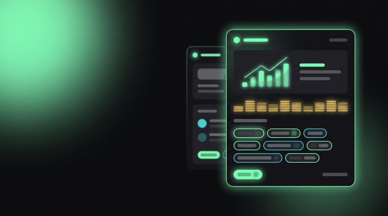 Stylised dark upload panel with a rising bar chart and keyword chips, an illustration and not a screenshot of a real dashboard