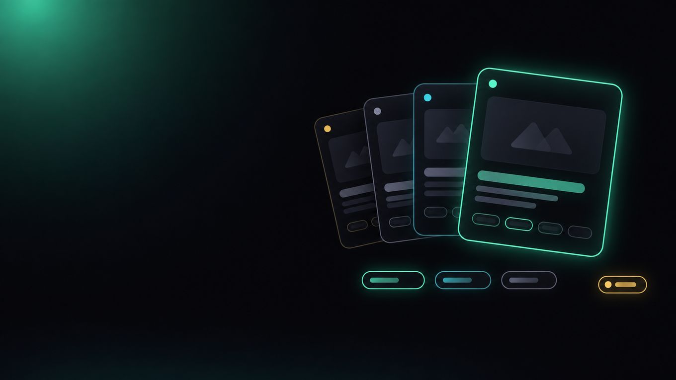 A dark card showing four overlapping product-category tiles, the front one lifted forward with a mint active border as the chosen path, next to a small chip row and a gold value pill